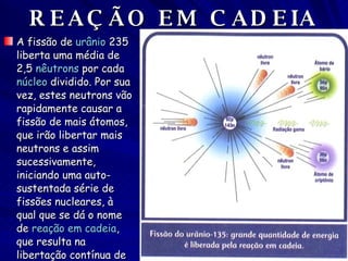REAÇÃO EM CADEIA A fissão de  urânio  235 liberta uma média de 2,5  nêutrons  por cada  núcleo  dividido. Por sua vez, estes neutrons vão rapidamente causar a fissão de mais átomos, que irão libertar mais neutrons e assim sucessivamente, iniciando uma auto-sustentada série de fissões nucleares, à qual que se dá o nome de  reação em cadeia , que resulta na libertação contínua de  energia . 