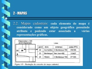2 - MAPAS
2.2. Mapas cadastrais: cada elemento do mapa é
considerado como um objeto geográfico possuindo
atributo e podendo estar associado a várias
representações gráficas.
 
