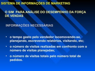 SISTEMA DE INFORMAÇÕES DE MARKETINGSISTEMA DE INFORMAÇÕES DE MARKETING
O SIM PARA ANÁLISE DO DESEMPENHO DA FORÇA
DE VENDAS
INFORMAÇÕES NECESSÁRIAS
• o tempo gasto pelo vendedor locomovendo-se,
planejando, escrevendo relatórios, visitando, etc;
• o número de visitas realizadas em confronto com o
número de visitas planejadas;
• o número de visitas totais pelo número total de
pedidos.
 