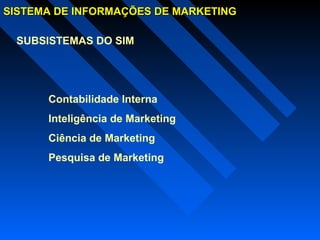 SISTEMA DE INFORMAÇÕES DE MARKETINGSISTEMA DE INFORMAÇÕES DE MARKETING
SUBSISTEMAS DO SIM
Contabilidade Interna
Inteligência de Marketing
Ciência de Marketing
Pesquisa de Marketing
 