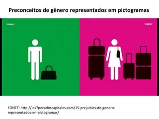 FONTE: http://los7pecadoscapitales.com/15-prejuicios-de-genero-
representados-en-pictogramas/
Preconceitos de gênero representados em pictogramas
 