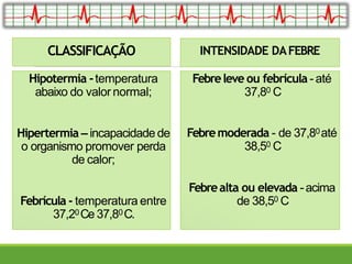 CLASSIFICAÇÃO
Hipotermia -temperatura
abaixo do valor normal;
Hipertermia – incapacidade de
o organismo promover perda
de calor;
Febrícula - temperatura entre
37,20Ce 37,80C.
INTENSIDADE DAFEBRE
Febreleve ou febrícula -até
37,80 C
Febremoderada - de 37,80até
38,50 C
Febrealta ou elevada -acima
de 38,50 C
 
