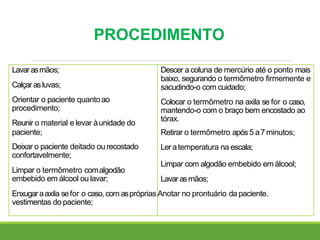 PROCEDIMENTO
Lavarasmãos;
Calçarasluvas;
Orientar o paciente quantoao
procedimento;
Reunir o material e levar àunidade do
paciente;
Deixar o paciente deitado ou recostado
confortavelmente;
Limpar o termômetro comalgodão
embebido em álcool ou lavar;
Descer a coluna de mercúrio até o ponto mais
baixo, segurando o termômetro firmemente e
sacudindo-o com cuidado;
Colocar o termômetro na axila se for o caso,
mantendo-o com o braço bem encostado ao
tórax.
Retirar o termômetro após5 a7minutos;
Leratemperatura na escala;
Limpar com algodão embebido emálcool;
Lavarasmãos;
Enxugar aaxila sefor o caso,com asprópriasAnotar no prontuário da paciente.
vestimentas do paciente;
 