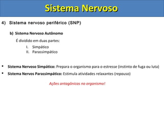 Sistema NervosoSistema Nervoso
4) Sistema nervoso periférico (SNP)
b) Sistema Nervoso Autônomo
É dividido em duas partes:
I. Simpático
II. Parassimpático
 Sistema Nervoso Simpático: Prepara o organismo para o estresse (instinto de fuga ou luta)
 Sistema Nervos Parassimpático: Estimula atividades relaxantes (repouso)
Ações antagônicas no organismo!
 