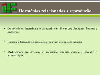 Hormônios relacionados a reprodução
• Os hormônios determinam as características físicas que distinguem homens e
mulheres;
• Induzem a formação de gametas e promovem os impulsos sexuais;
• Modificações que ocorrem no organismo feminino durante a gravidez e
amamentação.
 