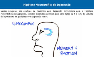 Hipótese Neurotrófica da Depressão
Várias pesquisas em cérebros de pacientes com depressão corroboram com a Hipótese
Neurotrófica da Depressão. Estudos estruturais apontam para uma perda de 5 a 10% do volume
do hipocampo em pacientes com depressão maior.
 