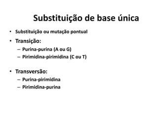 Substituição de base única
• Substituição ou mutação pontual
• Transição:
– Purina-purina (A ou G)
– Pirimidina-pirimidina (C ou T)
• Transversão:
– Purina-pirimidina
– Pirimidina-purina
 