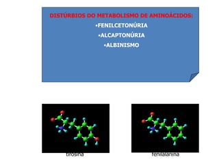 DISTÚRBIOS DO METABOLISMO DE AMINOÁCIDOS:
•FENILCETONÚRIA
•ALCAPTONÚRIA
•ALBINISMO
tirosina fenilalanina
 