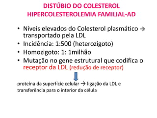DISTÚBIO DO COLESTEROL
HIPERCOLESTEROLEMIA FAMILIAL-AD
• Níveis elevados do Colesterol plasmático →
transportado pela LDL
• Incidência: 1:500 (heterozigoto)
• Homozigoto: 1: 1milhão
• Mutação no gene estrutural que codifica o
receptor da LDL (redução de receptor)
proteína da superfície celular → ligação da LDL e
transferência para o interior da célula
 