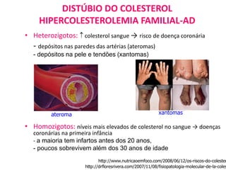 DISTÚBIO DO COLESTEROL
HIPERCOLESTEROLEMIA FAMILIAL-AD
• Heterozigotos:  colesterol sangue → risco de doença coronária
- depósitos nas paredes das artérias (ateromas)
- depósitos na pele e tendões (xantomas)
• Homozigotos: níveis mais elevados de colesterol no sangue → doenças
coronárias na primeira infância
- a maioria tem infartos antes dos 20 anos,
- poucos sobrevivem além dos 30 anos de idade
http://drfloresrivera.com/2007/11/08/fisiopatologia-molecular-de-la-coles
http://www.nutricaoemfoco.com/2008/06/12/os-riscos-do-colester
ateroma xantomas
 