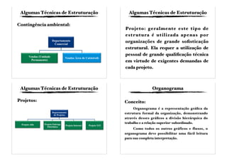 Algumas Técnicas de Estruturação
Contingência ambiental:
Algumas Técnicas de Estruturação
Projeto: geralmente este tipo de
estrutura é utilizada apenas por
organizações de grande soﬁsticação
estrutural. Ela requer a utilização de
pessoal de grande qualiﬁcação técnica
em virtude de exigentes demandas de
cada projeto.
Algumas Técnicas de Estruturação
Projetos:
Organograma
Conceito:
Organograma é a representação gráﬁca da
estrutura formal da organização, demonstrando
através desses gráﬁcos a divisão hierárquica do
trabalho e a relação superior-subordinado.
Como todos os outros gráficos e fluxos, o
organograma deve possibilitar uma fácil leitura
para sua completa interpretação.
 