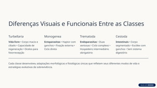 Diferenças Visuais e Funcionais Entre as Classes
Turbellaria
Vida livre • Corpo macio e
ciliado • Capacidade de
regeneração • Ocelos para
fotorrecepção
Monogenea
Ectoparasitas • Haptor com
ganchos • Fixação externa •
Ciclo direto
Trematoda
Endoparasitas • Duas
ventosas • Ciclo complexo •
Hospedeiro intermediário
obrigatório
Cestoda
Intestinais • Corpo
segmentado • Escólex com
ganchos • Sem sistema
digestório
Cada classe desenvolveu adaptações morfológicas e fisiológicas únicas que refletem seus diferentes modos de vida e
estratégias evolutivas de sobrevivência.
 