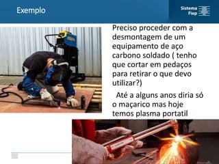 Preciso proceder com a
desmontagem de um
equipamento de aço
carbono soldado ( tenho
que cortar em pedaços
para retirar o que devo
utilizar?)
Até a alguns anos diria só
o maçarico mas hoje
temos plasma portatil
Exemplo
 