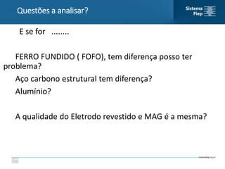 E se for ........
FERRO FUNDIDO ( FOFO), tem diferença posso ter
problema?
Aço carbono estrutural tem diferença?
Alumínio?
A qualidade do Eletrodo revestido e MAG é a mesma?
Questões a analisar?
 