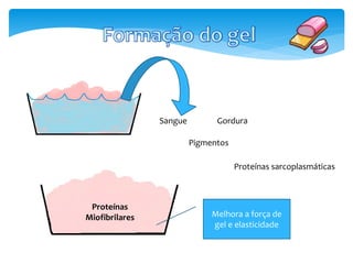 Sangue 
Gordura 
Pigmentos 
Proteínas sarcoplasmáticas 
Proteínas 
Miofibrilares Melhora a força de 
gel e elasticidade 
 