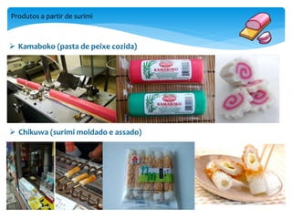 Produtos a partir de surimi 
 Kamaboko (pasta de peixe cozida) 
 Chikuwa (surimi moldado e assado) 
 