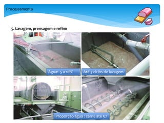 Processamento 
5. Lavagem, prensagem e refino 
Água: 5 a 10ºC Até 3 ciclos de lavagem 
Proporção água : carne até 5:1 
 