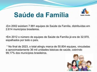•Em 2002 existiam 7.991 equipes de Saúde da Família, distribuídas em
2.614 municípios brasileiros.
•Em 2012 o número de equipes de Saúde da Família já era de 32.970,
espalhados por todo o país.
* No final de 2023, o total atingiu marca de 50.804 equipes, vinculadas
a aproximadamente 36 mil unidades básicas de saúde, cobrindo
99,17% dos municípios brasileiros.
Saúde da Família
 