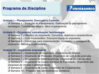 Programa de Disciplina


Unidade I – Planejamento, Execução e Controle:
     Semana 1 – Evolução do Planejamento. Elaboração do planejamento
    estratégico. Controle estratégico, tático e operacional.

Unidade II – Orçamento: conceituação; terminologia:
     Semana 2 – Histórico do orçamento. Conceitos, objetivos e características.
     Semana 3 – Ciclo orçamentário. Estrutura básica do orçamento.
     Semana 4 – Condições para implementação. Limitações e vantagens do
    orçamento. Métodos orçamentários.

Unidade III – Orçamento empresarial:
     Semana 5 – Implantação do orçamento. Orçamento de Vendas.
     Semana 6 – Orçamento de Produção. Orçamento de custos de produção.
     Semana 7 – Orçamento de Matérias-primas. Orçamento de mão-de-obra.
     Semana 8 – Orçamento de Custos Indiretos de Fabricação. Orçamento das
    Despesas de vendas e administrativas.
     Semana 9 – Orçamento de Caixa. Orçamento de Investimentos.
     Semana 10 – Projeção dos demonstrativos contábeis.
 