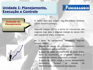 Unidade I: Planejamento,
Execução e Controle

                -   O termo tem sua origem nas estratégias militares
  Evolução do
 Planejamento       (como vencer o inimigo);


                -   Segundo Lunkes (2010) o termo foi incorporado aos
                    negócios logo após a segunda metade do século XIX,
                    dem sequência a Rev. Industrial;


                -   As 3 fases do pensamento estratégico segundo
                    Tavares (2000):
                     -   Metade do século XX: planejamento financeiro
                         representado pelo orçamento;
                     -   A partir de 1960: planejamento de longo prazo.
                         Além do orçamento, as empresas realizava o
                         controle dos planos, projeções e análises.
                     -   A partir de 1970: surge o termo planejamento
                         estratégico.    Surgem        as   escolas   de
                         Administração, consultorias estratégicas.
 