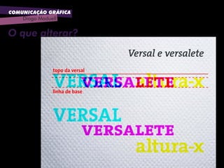 COMUNICAÇÃO GRÁFICA
Diogo Maduell
Versal
Versal
versalete
versalete
altura-x
altura-x
Versal e versalete
topo da versal
linha de base
O que alterar?
 