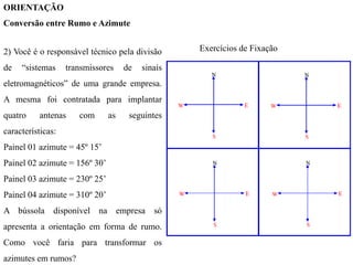 ORIENTAÇÃO
Conversão entre Rumo e Azimute
Exercícios de Fixação2) Você é o responsável técnico pela divisão
de “sistemas transmissores de sinais
eletromagnéticos” de uma grande empresa.
A mesma foi contratada para implantar
quatro antenas com as seguintes
características:
Painel 01 azimute = 45º 15’
Painel 02 azimute = 156º 30’
Painel 03 azimute = 230º 25’
Painel 04 azimute = 310º 20’
A bússola disponível na empresa só
apresenta a orientação em forma de rumo.
Como você faria para transformar os
azimutes em rumos?
 
