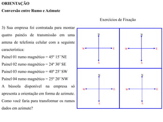 ORIENTAÇÃO
Conversão entre Rumo e Azimute
Exercícios de Fixação
3) Sua empresa foi contratada para montar
quatro painéis de transmissão em uma
antena de telefonia celular com a seguinte
característica:
Painel 01 rumo magnético = 45º 15’ NE
Painel 02 rumo magnético = 24º 30’ SE
Painel 03 rumo magnético = 40º 25’ SW
Painel 04 rumo magnético = 25º 20’ NW
A bússola disponível na empresa só
apresenta a orientação em forma de azimute.
Como você faria para transformar os rumos
dados em azimute?
 