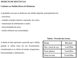 MEDIÇÃO DE DISTÂNCIAS
Cuidados na Medida Direta de Distâncias
A qualidade com que as distâncias são obtidas depende, principalmente de:
- acessórios;
- cuidados tomados durante a operação, tais como:
- manutenção do alinhamento a medir;
- horizontalidade da trena;
- tensão uniforme nas extremidades.
A tabela ao lado apresenta a precisão que é obtida
quando se utiliza trena em um levantamento,
considerando-se os efeitos da tensão, temperatura,
horizontalidade e alinhamento.
Tabela - Precisão das trenas.
 