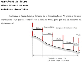 MEDIÇÃO DE DISTÂNCIAS
Métodos de Medida com Trena
Vários Lances - Pontos Visíveis
Analisando a figura abaixo, o balizeiro de ré (posicionado em A) orienta o balizeiro
intermediário, cuja posição coincide com o final da trena, para que este se mantenha no
alinhamento AB.
 