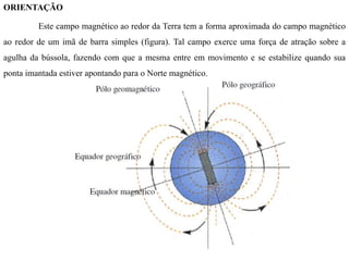 ORIENTAÇÃO
Este campo magnético ao redor da Terra tem a forma aproximada do campo magnético
ao redor de um imã de barra simples (figura). Tal campo exerce uma força de atração sobre a
agulha da bússola, fazendo com que a mesma entre em movimento e se estabilize quando sua
ponta imantada estiver apontando para o Norte magnético.
 