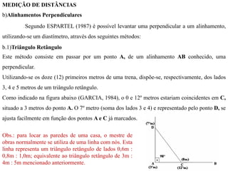 MEDIÇÃO DE DISTÂNCIAS
b)Alinhamentos Perpendiculares
Segundo ESPARTEL (1987) é possível levantar uma perpendicular a um alinhamento,
utilizando-se um diastímetro, através dos seguintes métodos:
b.1)Triângulo Retângulo
Este método consiste em passar por um ponto A, de um alinhamento AB conhecido, uma
perpendicular.
Utilizando-se os doze (12) primeiros metros de uma trena, dispõe-se, respectivamente, dos lados
3, 4 e 5 metros de um triângulo retângulo.
Como indicado na figura abaixo (GARCIA, 1984), o 0 e 12º metros estariam coincidentes em C,
situado a 3 metros do ponto A. O 7º metro (soma dos lados 3 e 4) e representado pelo ponto D, se
ajusta facilmente em função dos pontos A e C já marcados.
Obs.: para locar as paredes de uma casa, o mestre de
obras normalmente se utiliza de uma linha com nós. Esta
linha representa um triângulo retângulo de lados 0,6m :
0,8m : 1,0m; equivalente ao triângulo retângulo de 3m :
4m : 5m mencionado anteriormente.
 