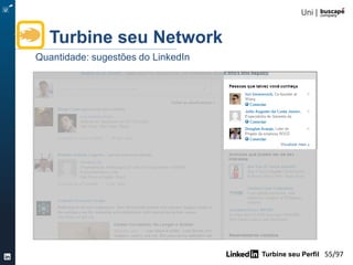 Turbine seu Perfil 55/105
Turbine seu Network
Aliados profissionais x laços fracos
Por quê o amigo do amigo emprega mais que o amigo?
 