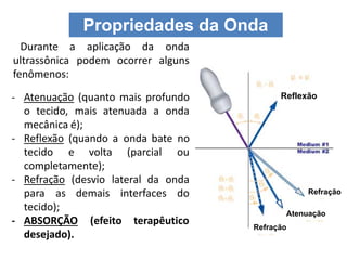 Durante a aplicação da onda
ultrassônica podem ocorrer alguns
fenômenos:
- Atenuação (quanto mais profundo
o tecido, mais atenuada a onda
mecânica é);
- Reflexão (quando a onda bate no
tecido e volta (parcial ou
completamente);
- Refração (desvio lateral da onda
para as demais interfaces do
tecido);
- ABSORÇÃO (efeito terapêutico
desejado).
Reflexão
Refração
Refração
Atenuação
Propriedades da Onda
 
