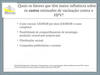 Quais os fatores que têm maior influência sobre
os custos estimados de vacinação contra o
HPV?
• Custo vacinal: U$100,00 por dose (U$300,00 o curso
completo)
• Possibilidade de compartilhamento de tecnologia:
produção vacinal pelo próprio país
• Distribuição vacinal
• Campanhas publicitárias e vacinais
Word Health Organization, Department of Immunization, vaccines and biologicals, Human Papillomavirus and HPV vaccines:
Technical information for policy-makers and health professionals. WHO:2007.
 