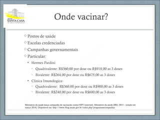 Onde vacinar?
Postos de saúde
Escolas credenciadas
Campanhas governamentais
Particular:
• Hermes Pardini:
• Quadrivalente: R$360,00 por dose ou R$918,00 as 3 doses
• Bivalente: R$264,00 por dose ou R$675,00 as 3 doses
• Clinica Imunologica:
• Quadrivalente: R$360,00 por dose ou R$900,00 as 3 doses
• Bivalente: R$240,00 por dose ou R$600,00 as 3 doses
Ministerio da saude lança campanha de vacinação contra HPV [internet]. Ministerio da saúde (BR): 2013 – [citado em
março 2014]. Disponivel em: http://www.blog.saude.gov.br/index.php/programasecampanhas
 