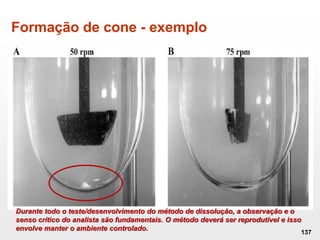 Formação de cone - exemplo
137
Durante todo o teste/desenvolvimento do método de dissolução, a observação e o
senso crítico do analista são fundamentais. O método deverá ser reprodutível e isso
envolve manter o ambiente controlado.
 