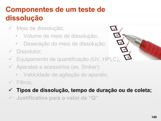 Componentes de um teste de
dissolução
 Meio de dissolução;
• Volume de meio de dissolução;
• Deaeração do meio de dissolução;
 Dissolutor;
 Equipamento de quantificação (UV, HPLC);
 Aparatos e acessórios (ex. Sinker);
• Velocidade de agitação do aparato;
 Filtros;
 Tipos de dissolução, tempo de duração ou de coleta;
 Justificativa para o valor de “Q”
140
 
