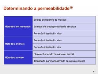 Determinando a permeabilidade10
53
Métodos em humanos
Estudo de balanço de massas
Estudos de biodisponibilidade absoluta
Perfusão intestinal in vivo
Métodos animais
Perfusão intestinal in vivo
Perfusão intestinal in situ
Métodos in vitro
Fluxo entre tecido humano ou animal
Transporte por monocamada de celula epitelial
 