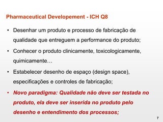 Pharmaceutical Developement - ICH Q8
• Desenhar um produto e processo de fabricação de
qualidade que entreguem a performance do produto;
• Conhecer o produto clinicamente, toxicologicamente,
quimicamente…
• Estabelecer desenho de espaço (design space),
especificações e controles de fabricação;
• Novo paradigma: Qualidade não deve ser testada no
produto, ela deve ser inserida no produto pelo
desenho e entendimento dos processos;
7
 