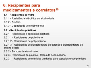 6. Recipientes para
medicamentos e correlatos19
6.1 - Recipientes de vidro
6.1.1 - Resistência hidrolítica ou alcalinidade
6.1.2 - Arsênio
6.1.3 - Capacidade volumétrica total
6.2 - Recipientes plásticos
6.2.1 - Recipientes e correlatos plásticos
6.2.1.1 - Recipientes de polietileno
6.2.1.2 - Recipientes de polipropileno
6.2.1.3 - Recipientes de poli(tereftalato de etileno) e poli(tereftalato de
etileno glicol)
6.2.2 - Tampas de elastômero
6.2.3 - Recipientes de plástico - testes de desempenho
6.2.3.1 - Recipientes de múltiplas unidades para cápsulas e comprimidos
76
 