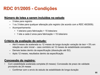 RDC 01/2005 - Condições
95
Número de lotes a serem incluídos no estudo
– 3 lotes para registro
– 1 ou 3 lotes para qualquer alteração pós registro (de acordo com a RDC 48/2009);
– Acompanhamento:
• 1 lote/ano para fabricação > 15 lotes/ano
• 1 lote a cada 2 anos para fabricação < 15 lotes/ano
Critério de avaliação do estudo:
– Até 6 meses de acelerada ou 12 meses de longa duração variação de teor < 5% em
relação ao valor inicial – caso contrário só 12 meses de estabilidade concedida;
– Demais testes dentro da especificação (dissolução até S2);
– Após 12 meses, resultados dentro da especificação
Concessão do registro:
• Com estabilidade acelerada completa (6 meses): Concessão de prazo de validade
provisório de 24 meses
– Confirmar com o envio do estudo de estabilidade de longa duração
 