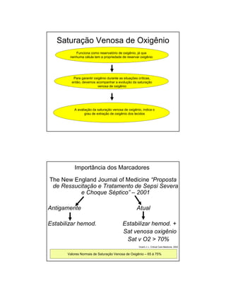 Saturação Venosa de Oxigênio 
Funciona como reservatório de oxigênio, já que 
nenhuma célula tem a propriedade de reservar oxigênio 
Para garantir oxigênio durante as situações críticas, 
então, devemos acompanhar a evolução da saturação 
venosa de oxigênio 
A avaliação da saturação venosa de oxigênio, indica o 
grau de extração de oxigênio dos tecidos 
Importância dos Marcadores 
The New England Journal of Medicine “Proposta 
de Ressucitação e Tratamento de Sepsi Severa 
e Choque Séptico” – 2001 
Antigamente Atual 
Estabilizar hemod. Estabilizar hemod. + 
Sat venosa oxigênio 
Sat v O2  70% 
Vicent J. L. Critical Care Medicine, 2002 
Valores Normais de Saturação Venosa de Oxigênio – 65 à 75% 
 