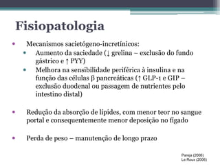 Fisiopatologia 
 Mecanismos sacietógeno-incretínicos: 
 Aumento da saciedade (↓ grelina – exclusão do fundo 
gástrico e ↑ PYY) 
 Melhora na sensibilidade periférica à insulina e na 
função das células β pancreáticas (↑ GLP-1 e GIP – 
exclusão duodenal ou passagem de nutrientes pelo 
intestino distal) 
 Redução da absorção de lípides, com menor teor no sangue 
portal e consequentemente menor deposição no fígado 
 Perda de peso – manutenção de longo prazo 
Pareja (2006) 
Le Roux (2006) 
 