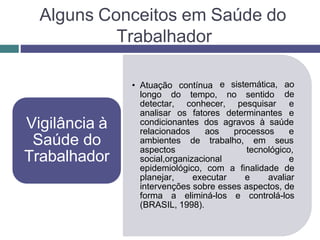 • Atuação contínua
longo do tempo, no sentido
e sistemática, ao
de
detectar, conhecer, pesquisar e
analisar os fatores determinantes e
condicionantes dos agravos à saúde
relacionados aos processos e
ambientes de trabalho, em seus
aspectos tecnológico,
social,organizacional e
epidemiológico, com a finalidade de
planejar, executar e avaliar
intervenções sobre esses aspectos, de
forma a eliminá-los e controlá-los
(BRASIL, 1998).
Vigilância à
Saúde do
Trabalhador
Alguns Conceitos em Saúde do
Trabalhador
 