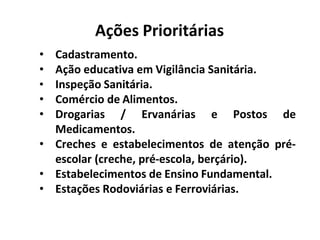 Ações Prioritárias
• Cadastramento.
• Ação educativa em Vigilância Sanitária.
• Inspeção Sanitária.
• Comércio de Alimentos.
• Drogarias / Ervanárias e Postos de
Medicamentos.
• Creches e estabelecimentos de atenção pré-
escolar (creche, pré-escola, berçário).
• Estabelecimentos de Ensino Fundamental.
• Estações Rodoviárias e Ferroviárias.
 