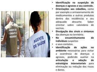 • Identificação na suspeição de
doenças e agravos e seu controle.
• Orientações aos cidadãos, como
por exemplo o armazenamento de
medicamentos e outros produtos
dentro das residências e seu
adequado descarte. Saber
orientar sobre calendário de
vacinas.
• Divulgação dos sinais e sintomas
das doenças no território.
• No encaminhamento de
indivíduos suspeitos
• e seus contatos.
• Identificação de ações no
ambiente necessárias para evitar
a ocorrência de doenças e
agravos, podendo auxiliar na
articulação e adoção de
estratégias intersetoriais para
eliminação ou redução dos riscos
e danos.
 