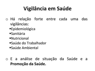 Vigilância em Saúde
o Há relação forte entre cada uma das
vigilâncias:
Epidemiológica
Sanitária
Nutricional
Saúde do Trabalhador
Saúde Ambiental
o E a análise de situação da Saúde e a
Promoção da Saúde.
 