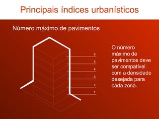 Número máximo de pavimentos O número máximo de pavimentos deve ser compatível com a densidade desejada para cada zona. 6 5 4 3 2 1 Principais índices urbanísticos 
