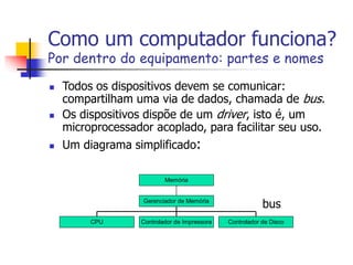 Como um computador funciona?
Por dentro do equipamento: partes e nomes
 Todos os dispositivos devem se comunicar:
compartilham uma via de dados, chamada de bus.
 Os dispositivos dispõe de um driver, isto é, um
microprocessador acoplado, para facilitar seu uso.
 Um diagrama simplificado:
CPU Controlador de Impressora Controlador de Disco
Gerenciador de Memória
Memória
bus
 