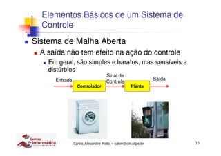 16Carlos Alexandre Mello – cabm@cin.ufpe.br
Elementos Básicos de um Sistema de
Controle
Sistema de Malha Aberta
A saída não tem efeito na ação do controle
Em geral, são simples e baratos, mas sensíveis a
distúrbios
Controlador Planta
Sinal de
Controle
SaídaEntrada
 